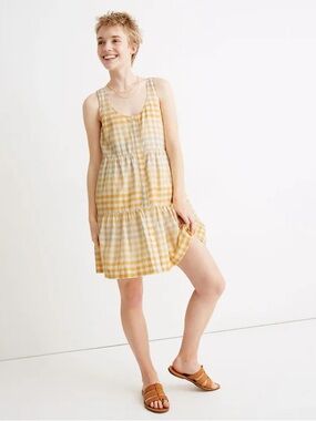 Madewell Gingham Tiered Mini Dress Yellow Button Front Size S